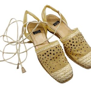 Y2K Stuart Weitzman sheer crystal embellished ankle tie espadrille wedges sz 6.5